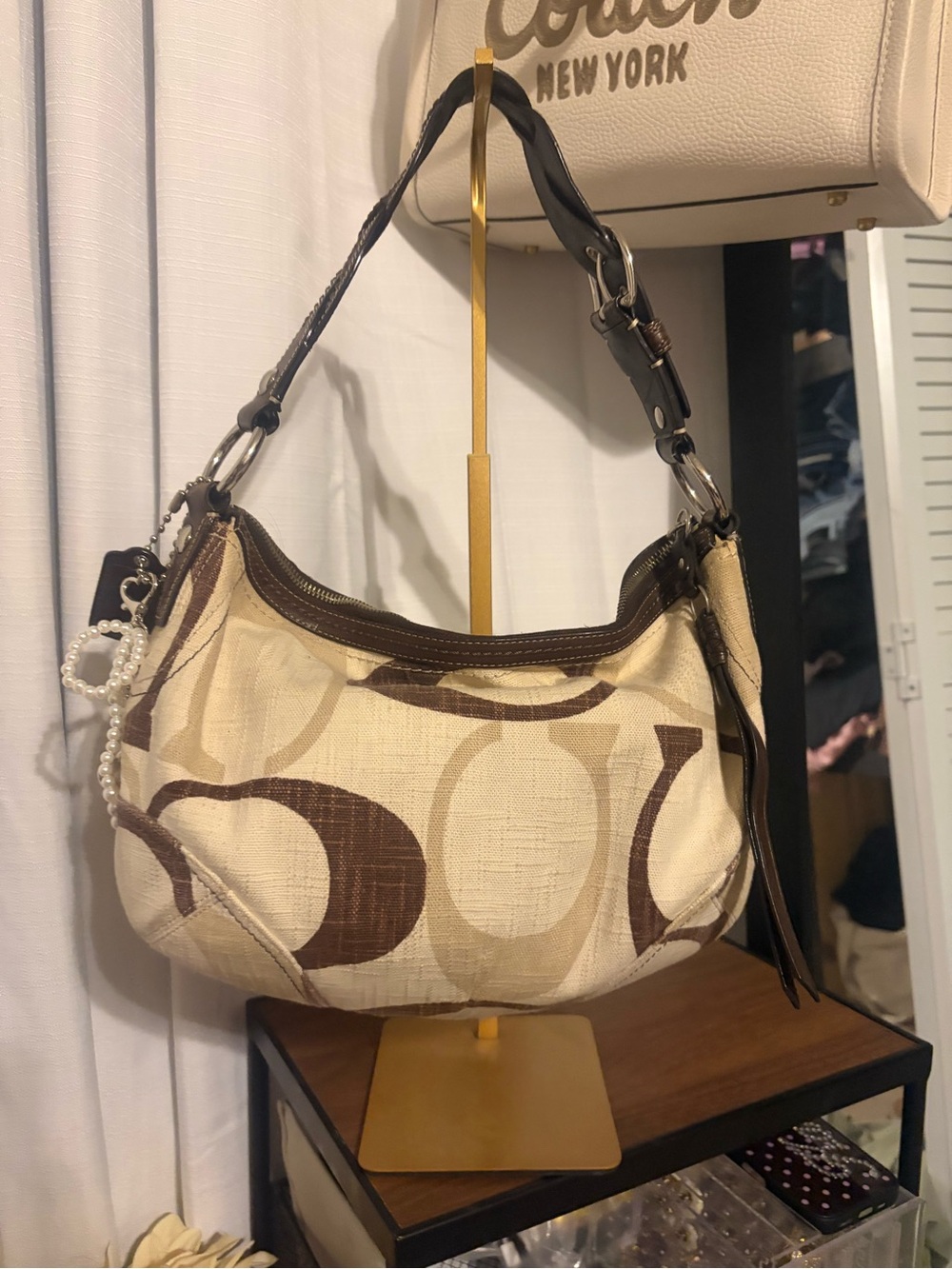 Coach Carly Cream and Brown Signature Hobo Bag